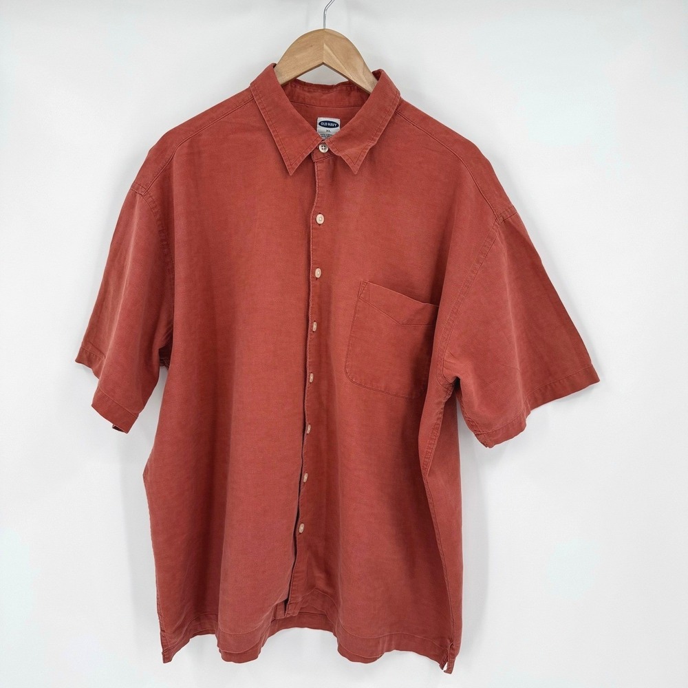 Old Navy Orange Linen/Cotton Blend Short Sleeve Button Up Shirt Men's Sz‎ XL